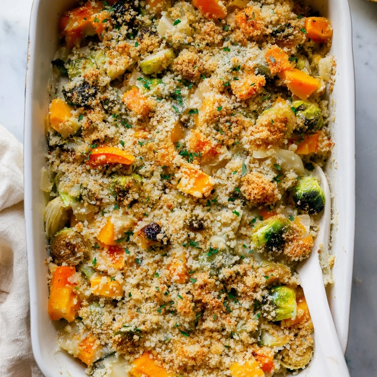 Oven-baked winter vegetable casserole featuring tender squash parsnips and carrots in rich herbed cream sauce