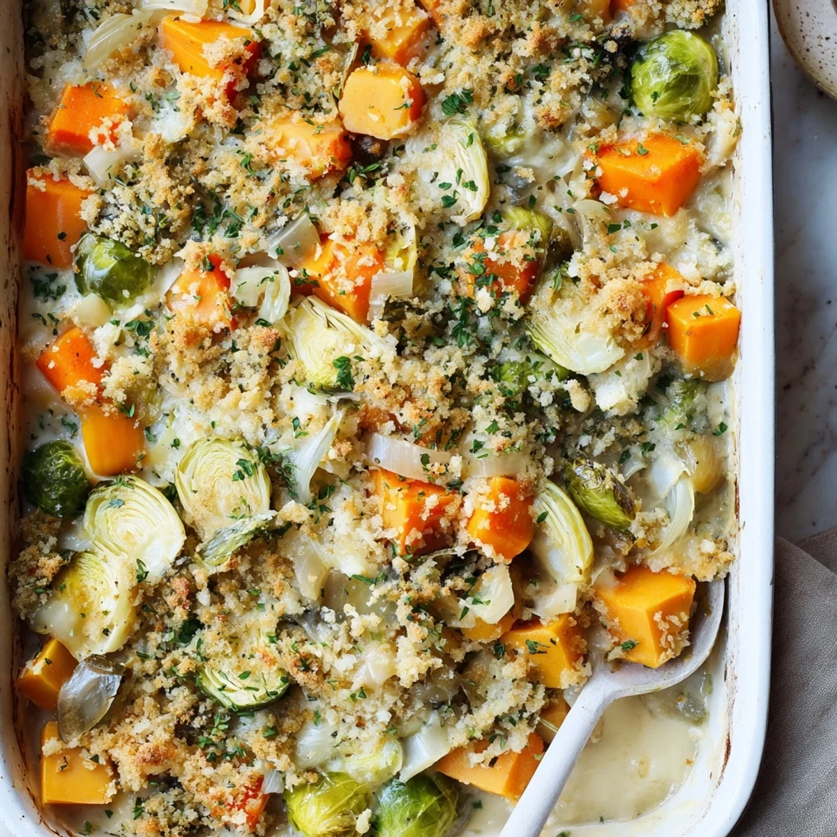 Comforting winter vegetable casserole fresh from the oven with golden brown cheesy crust and fresh parsley garnish