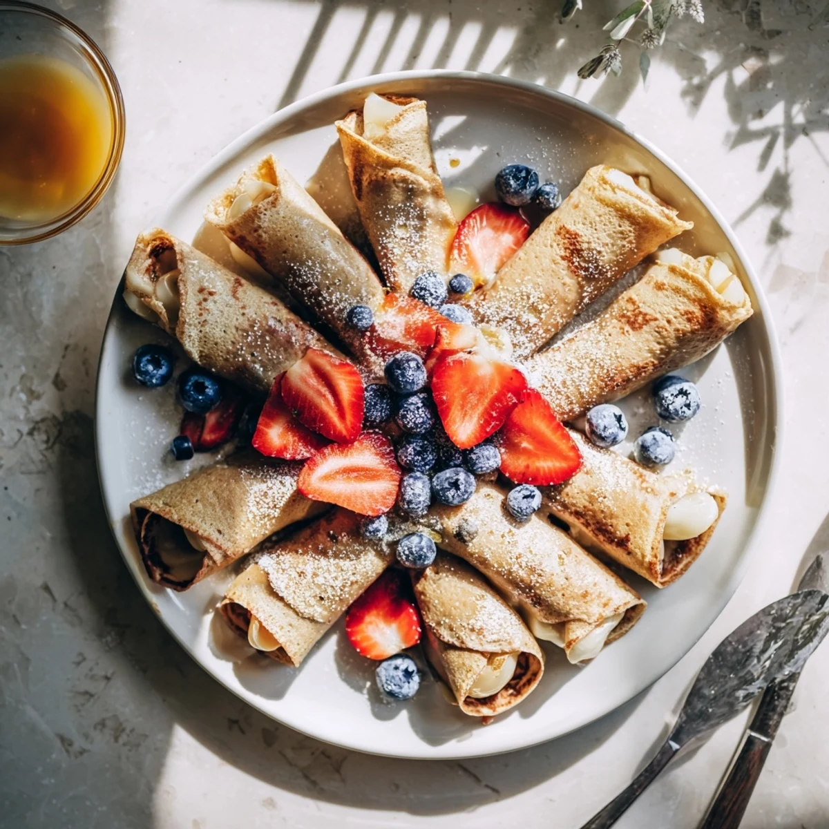 Golden brown healthy oatmeal crepes stacked on a white plate with fresh berries