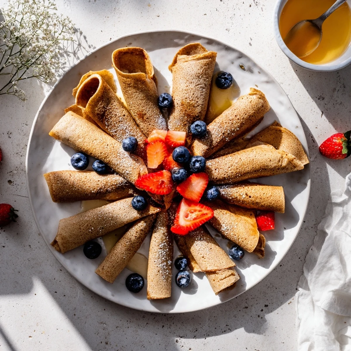 Light and tender healthy oatmeal crepes filled with Greek yogurt and sliced banana