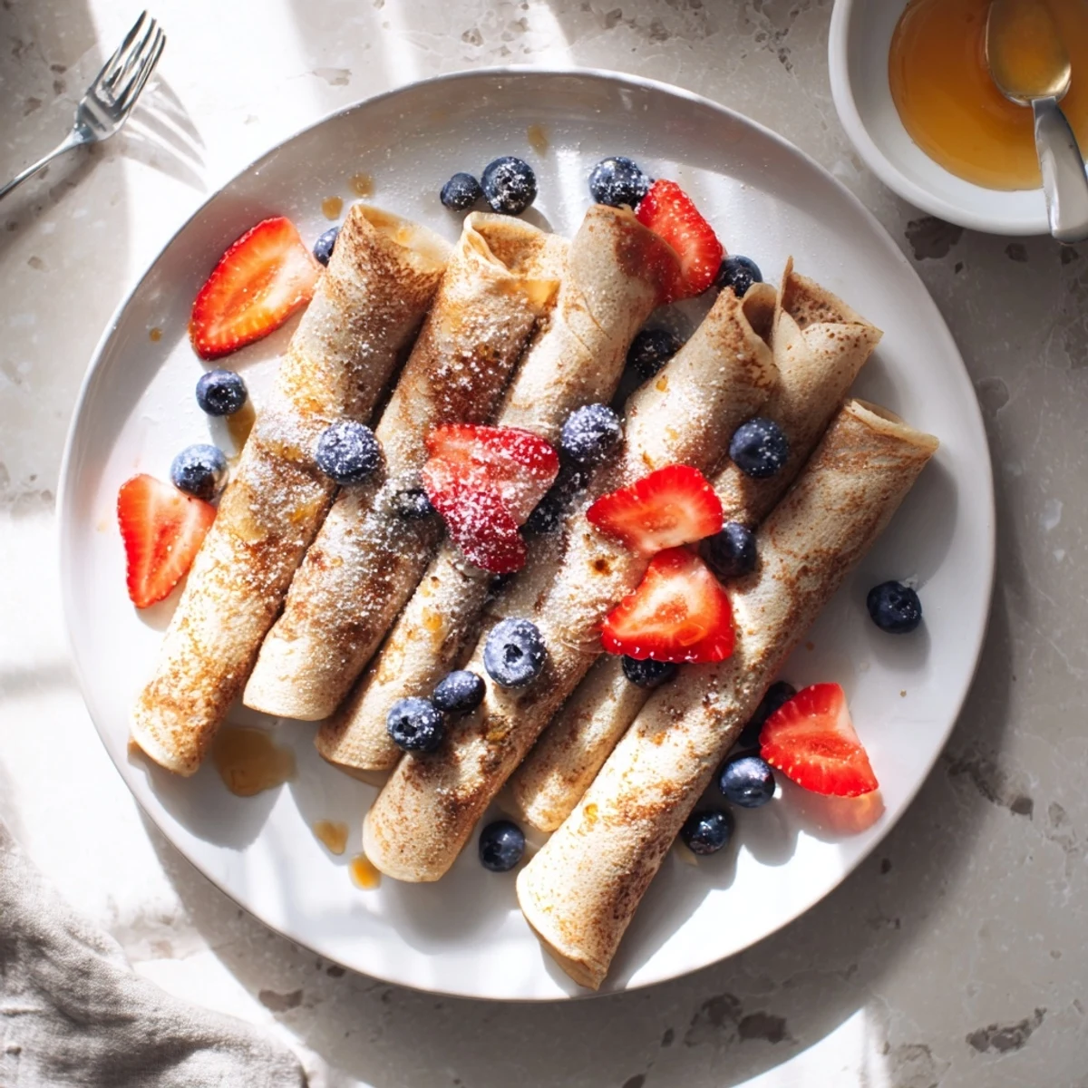 Wholesome healthy oatmeal crepes rolled with cinnamon apples and drizzled with warm maple syrup