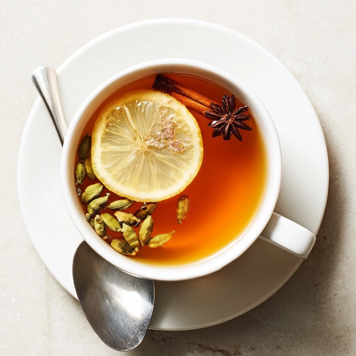 Steaming cup of Lebanese spiced tea garnished with lemon slice and cinnamon stick on wooden table