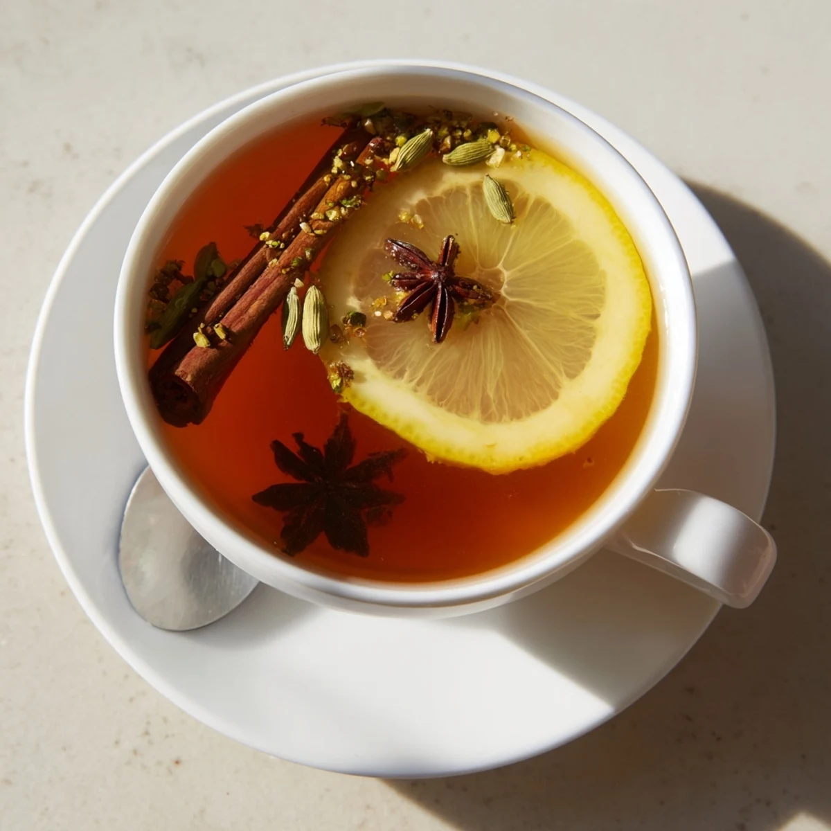 Golden Lebanese spiced tea with floating whole spices and star anise in white ceramic mug