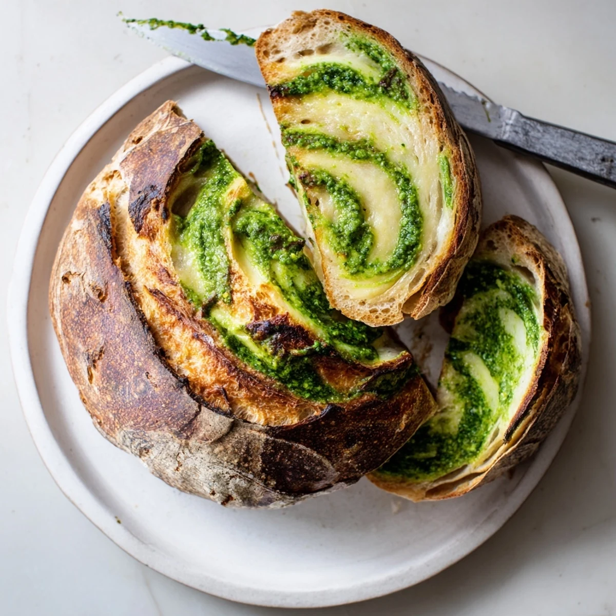 Golden crusty pesto Parmesan sourdough bread loaf with green basil swirls and melted cheese topping