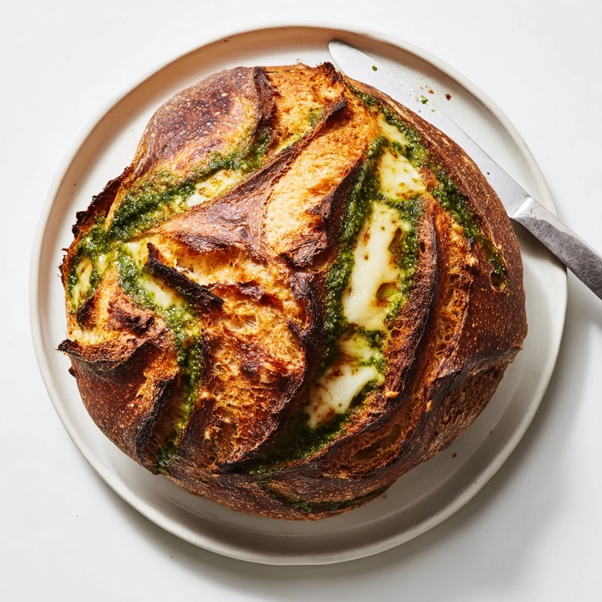 Rustic sourdough bread swirled with vibrant basil pesto and sprinkled with golden Parmesan cheese on wooden board
