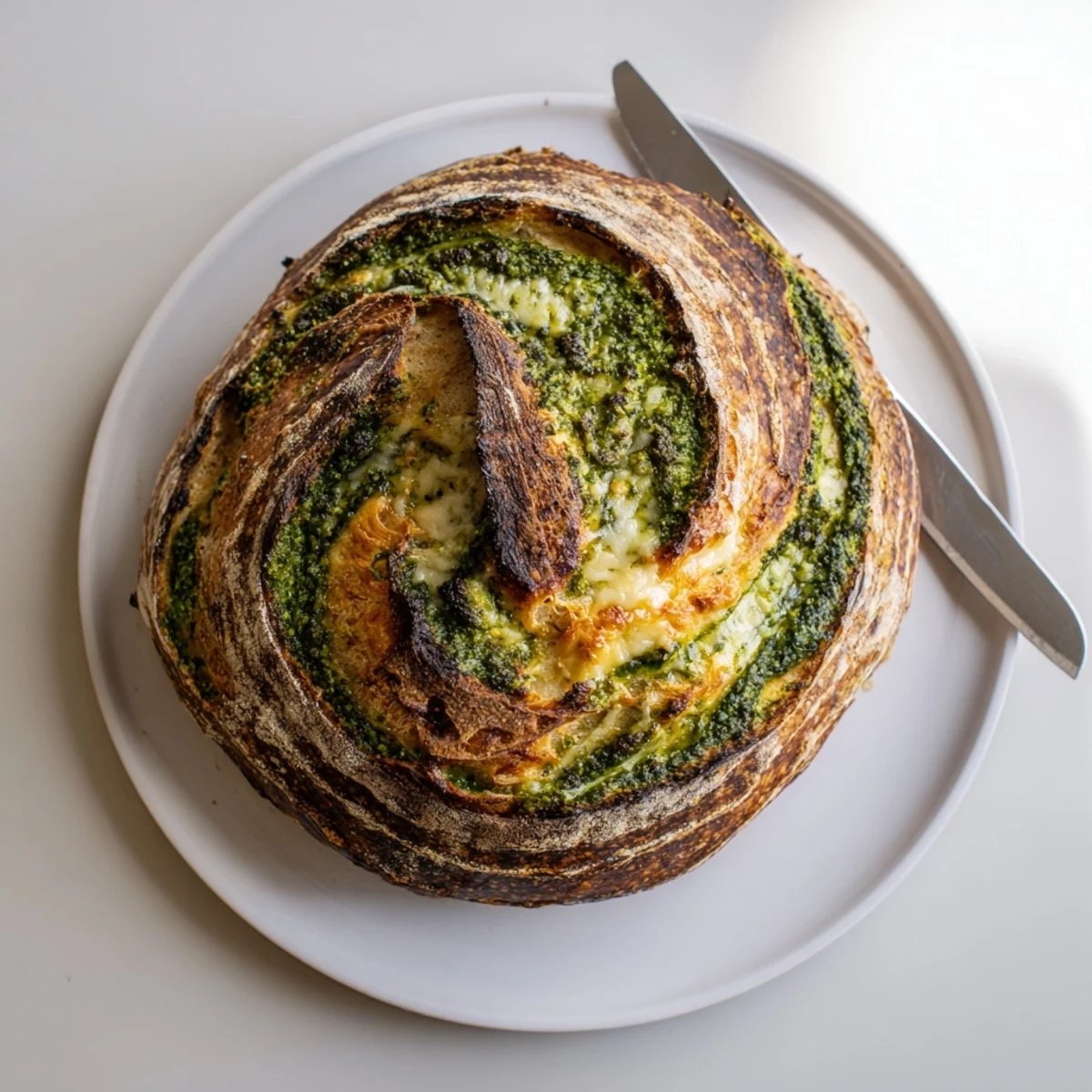 Sliced pesto Parmesan sourdough revealing green herb layers and crispy golden parmesan crust on cutting board