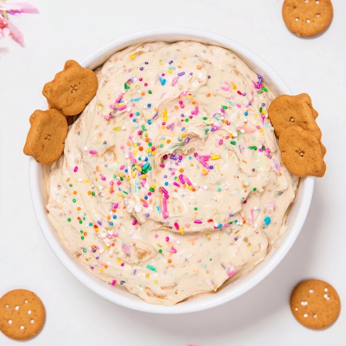 Creamy high protein Dunkaroo dip topped with colorful rainbow sprinkles in a white serving bowl