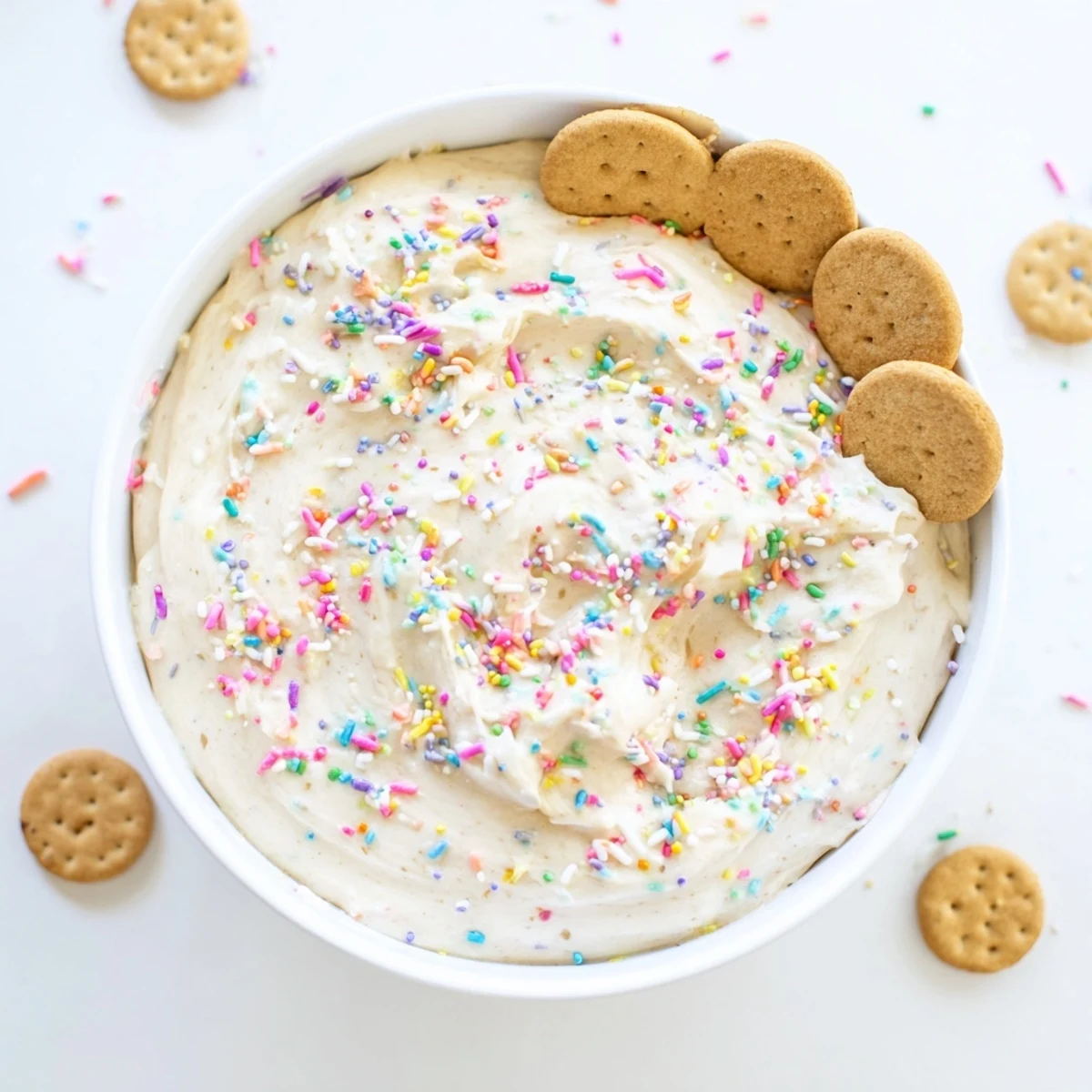 Vibrant high protein Dunkaroo dip with vanilla protein powder served alongside animal crackers and fresh fruit