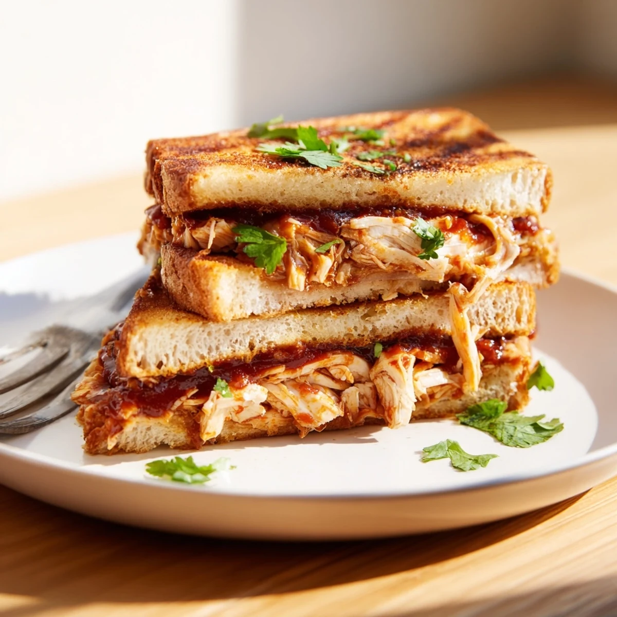 Golden BBQ chicken grilled cheese sandwich with melted cheddar and mozzarella on crispy sourdough bread