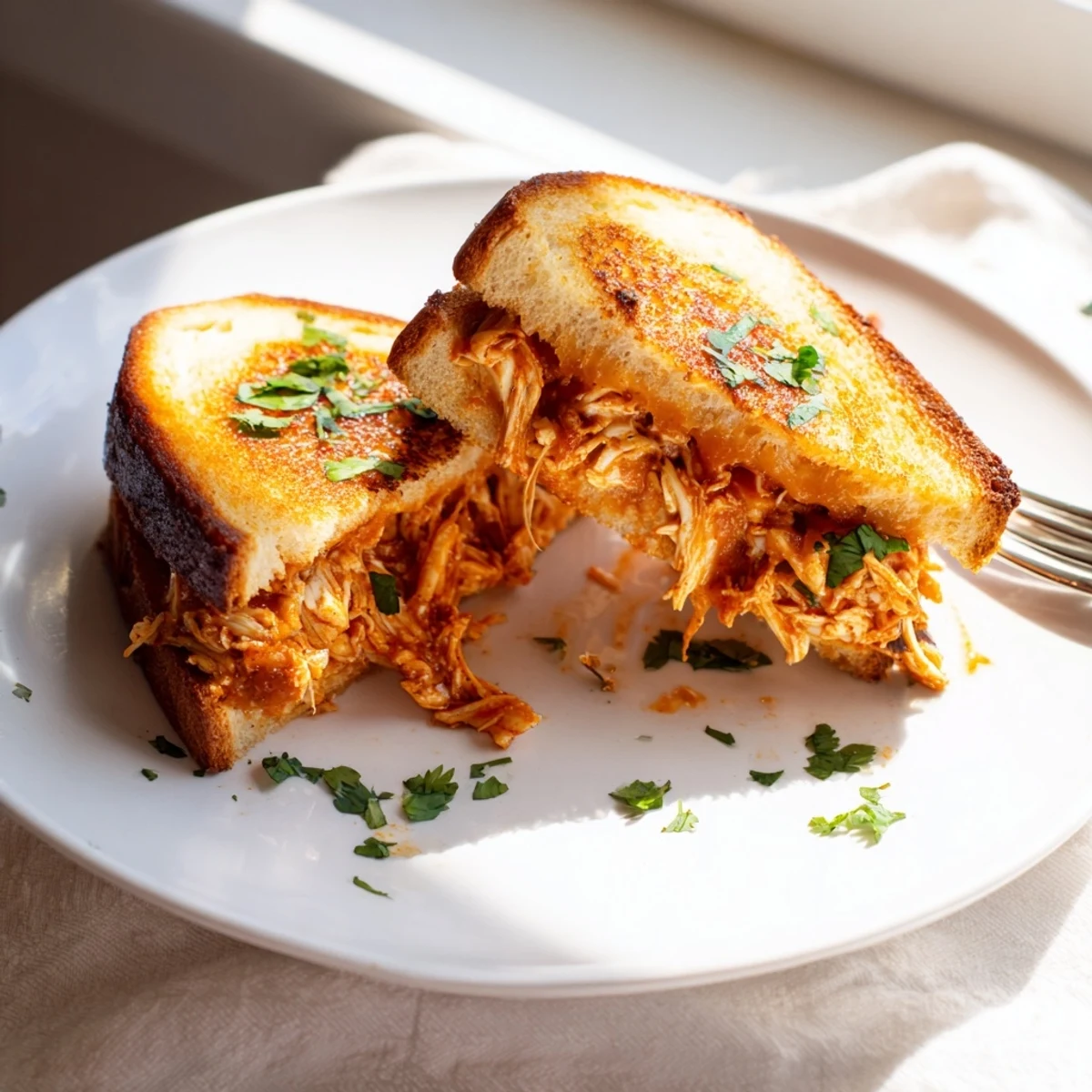 Sliced grilled cheese sandwich revealing tender BBQ chicken and gooey melted cheese layers inside