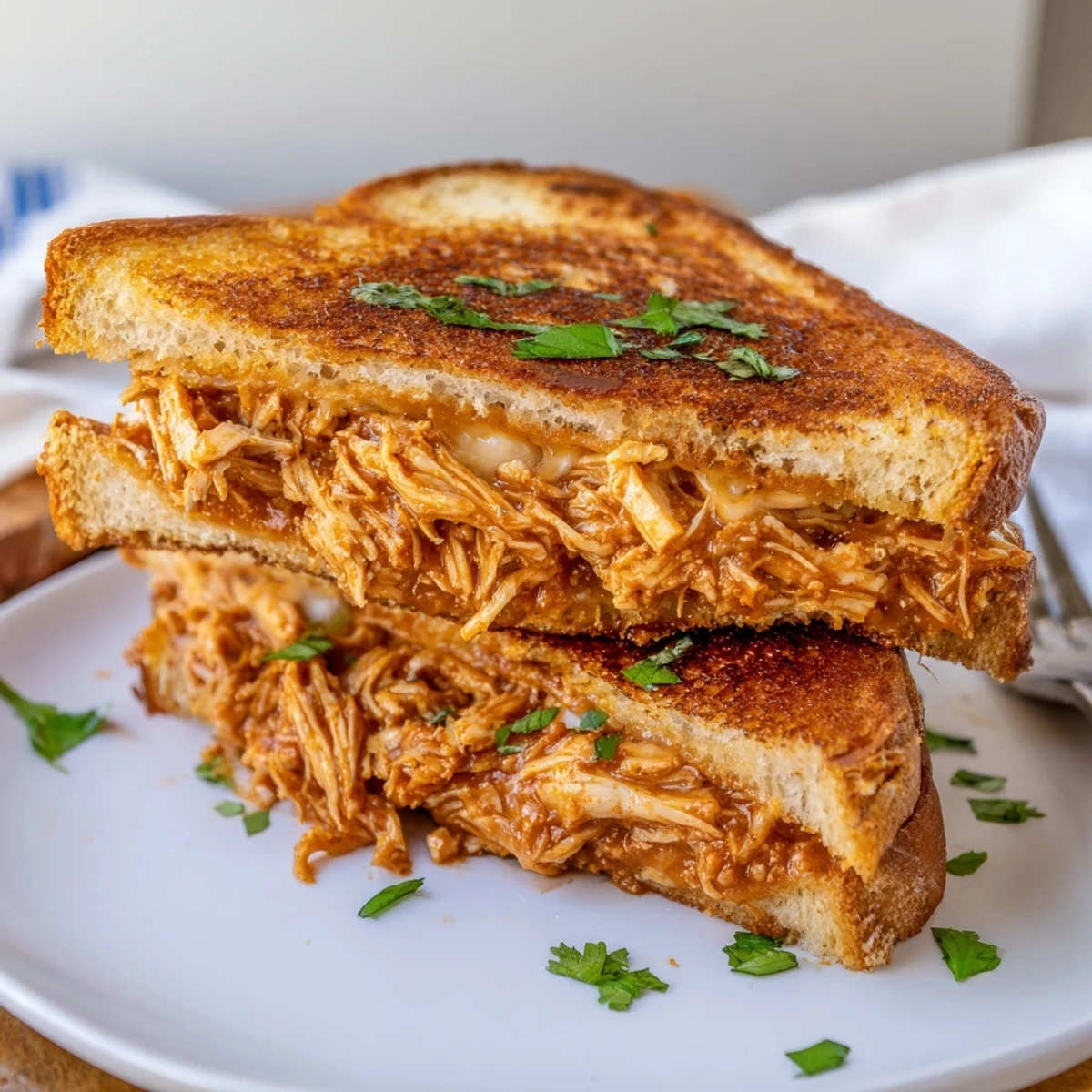 Buttery toasted bread sandwich stuffed with shredded BBQ chicken and a blend of melted cheeses