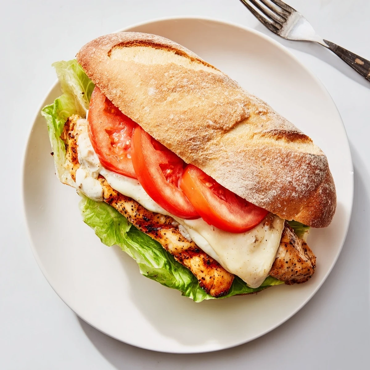 Golden grilled garlic chicken sandwich stacked with fresh lettuce, tomato, and creamy garlic mayo on toasted bun