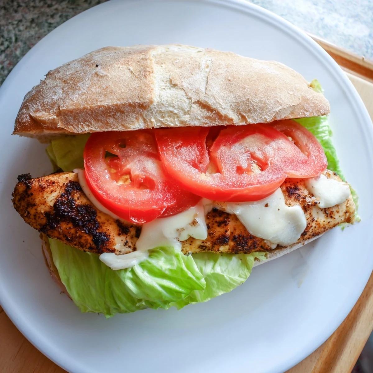 Juicy garlic chicken breast fillet layered with crisp vegetables and tangy garlic mayonnaise on a warm ciabatta roll