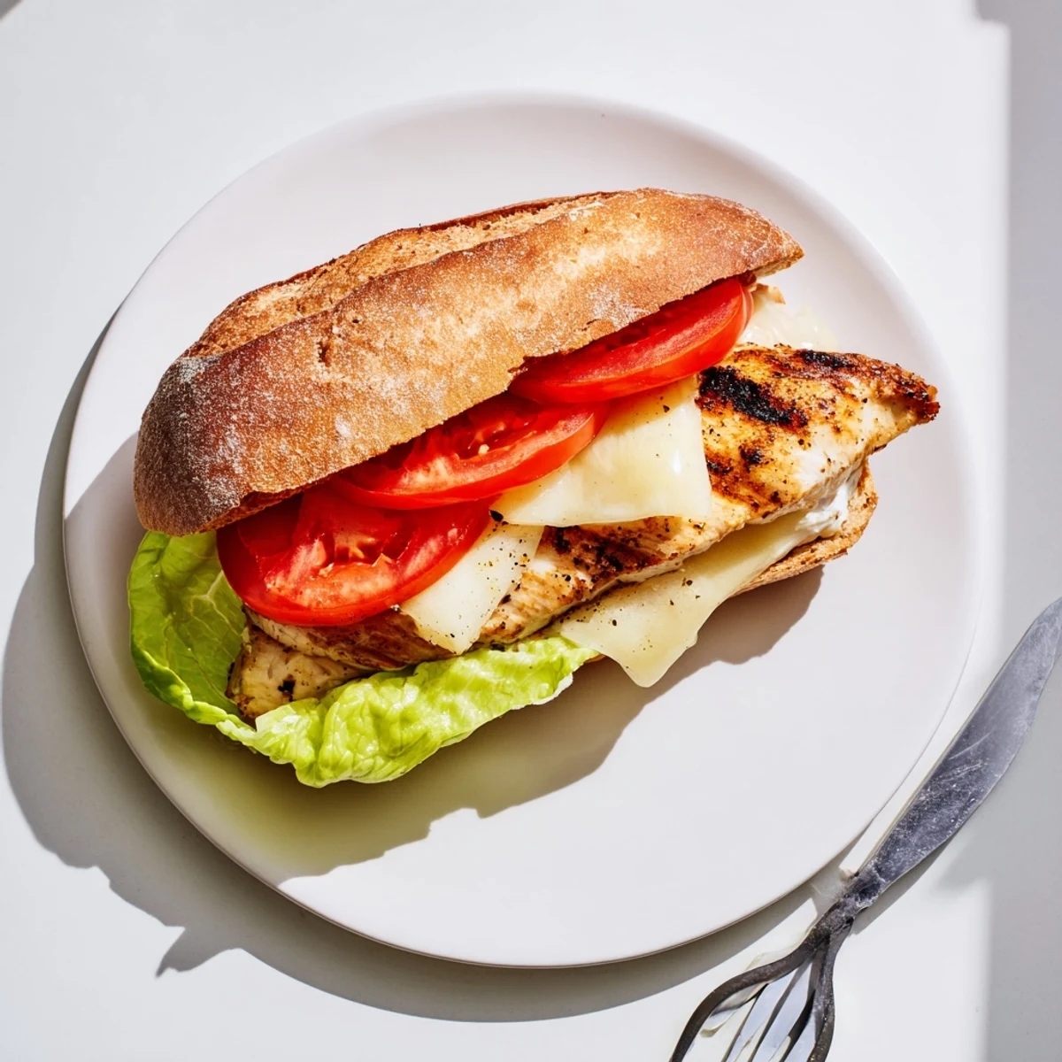 Homemade garlic chicken sandwich featuring grilled seasoned chicken, melted provolone, and zesty garlic sauce on toasted bread bun