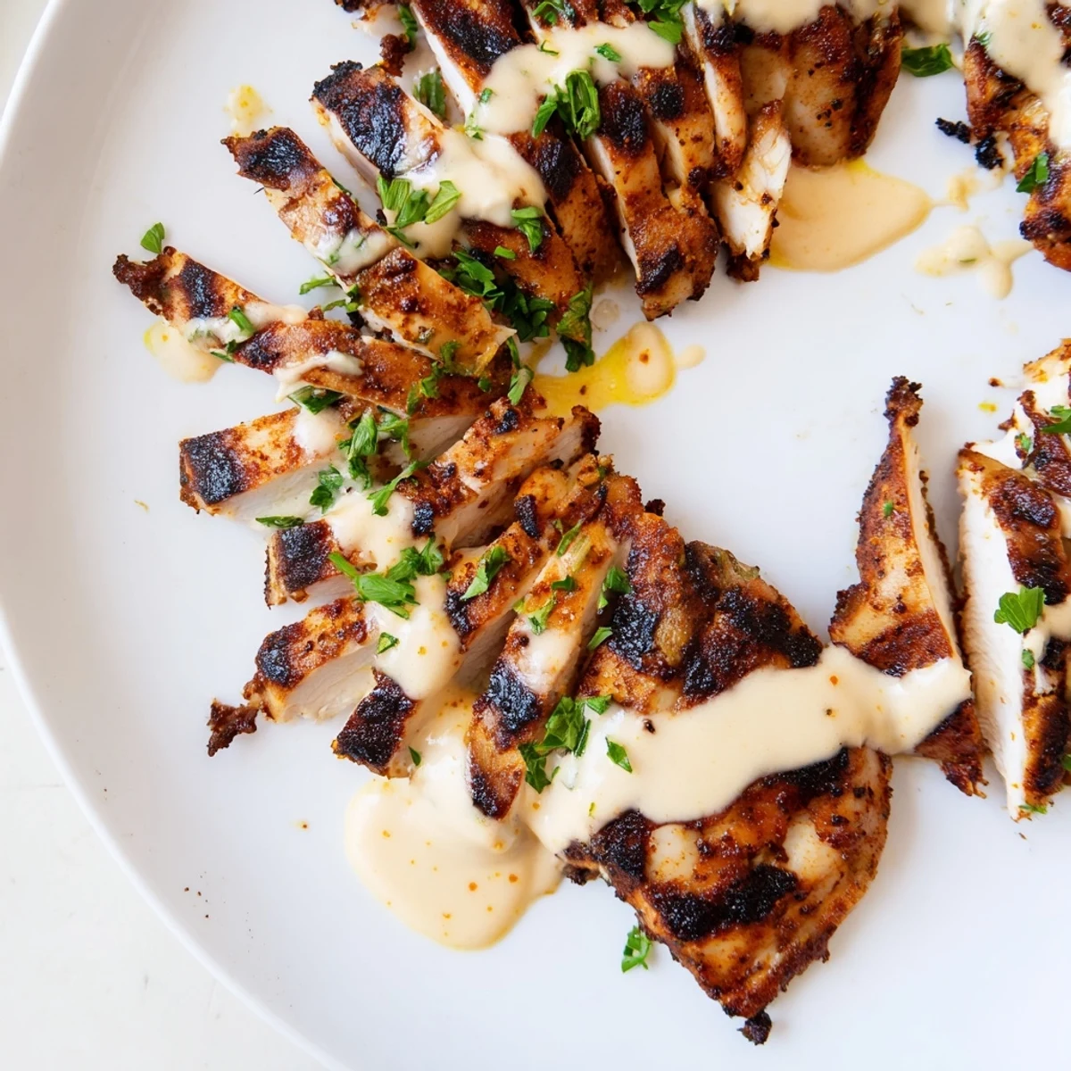 Golden spiced chicken shawarma sliced thin with creamy white garlic sauce drizzled over warm pita bread