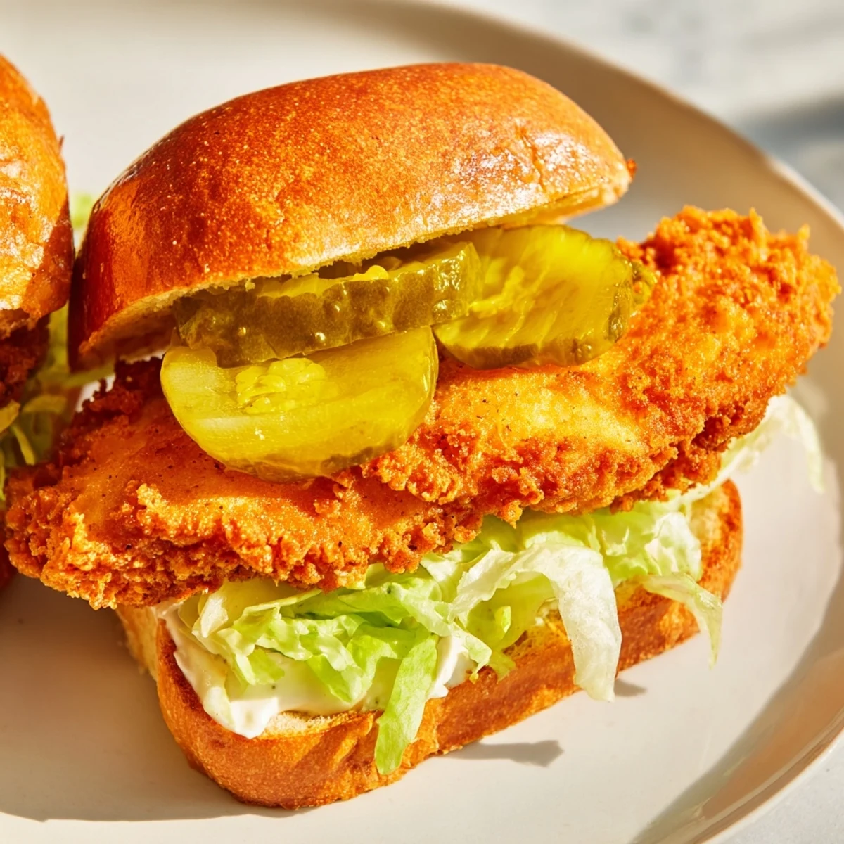 Golden crispy chicken burger with juicy fried breast, fresh lettuce, and tangy pickles on toasted brioche bun