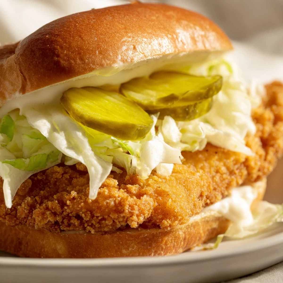 Mouthwatering crispy chicken burger featuring golden fried chicken breast layered with crisp lettuce and creamy sauce