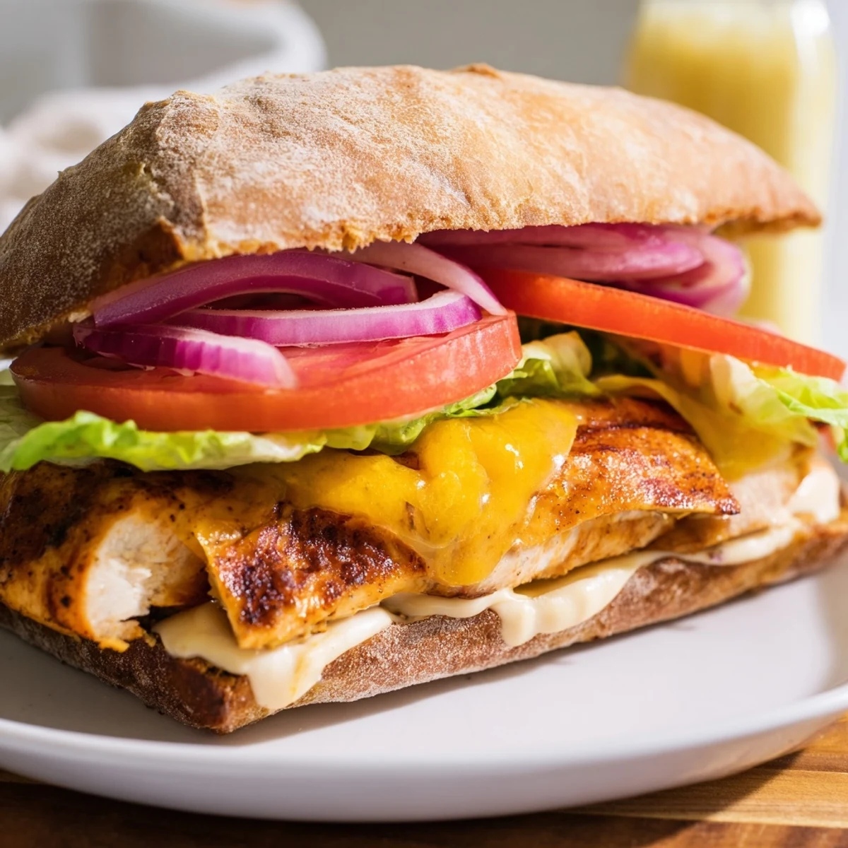 Golden grilled chicken breast sandwich stacked with crisp lettuce, tomato, and red onion on toasted bun