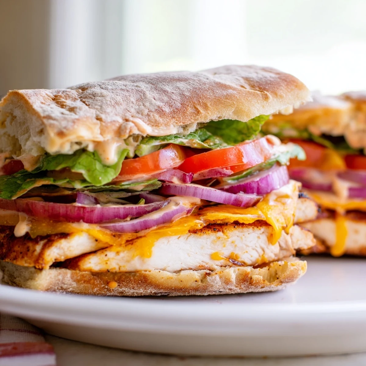 Savory grilled chicken sandwich layered with fresh vegetables and creamy dijon mustard spread