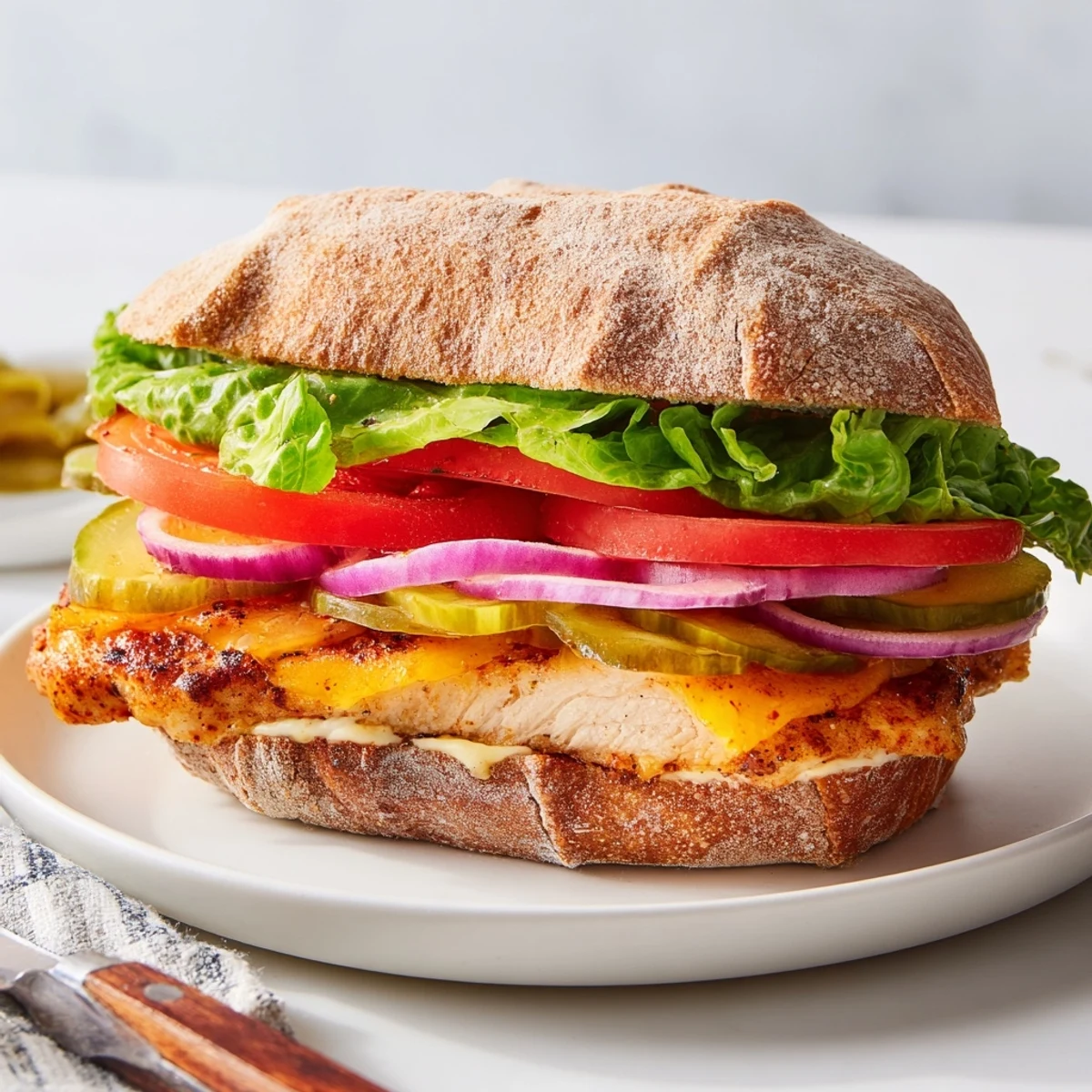 Melted cheddar cheese tops juicy spiced grilled chicken sandwich served on lightly toasted artisan bread