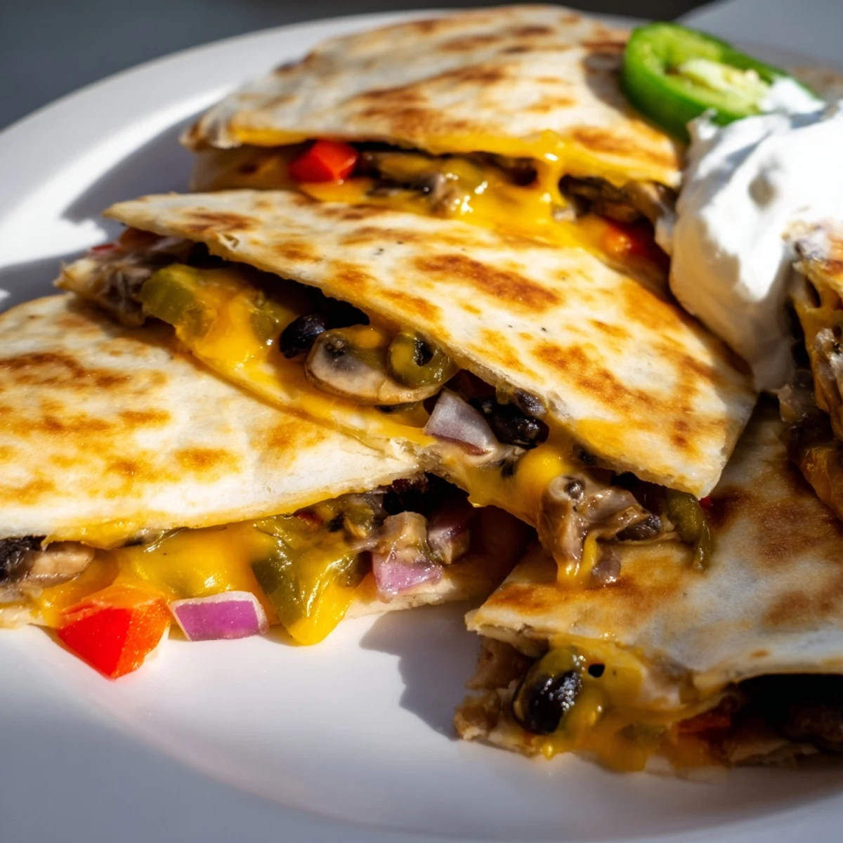 Golden crispy quesadillas filled with melted cheddar and Monterey Jack cheese, cut into wedges on a wooden board