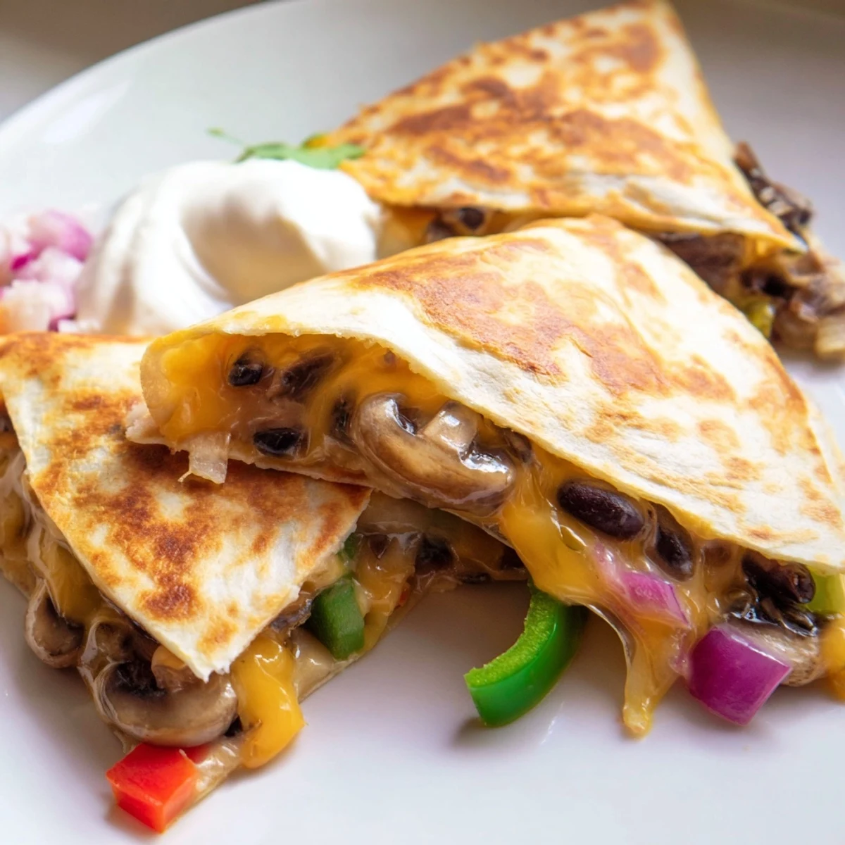 Classic Mexican quesadillas with sautéed peppers, mushrooms, and melted cheese, served with fresh guacamole and sour cream