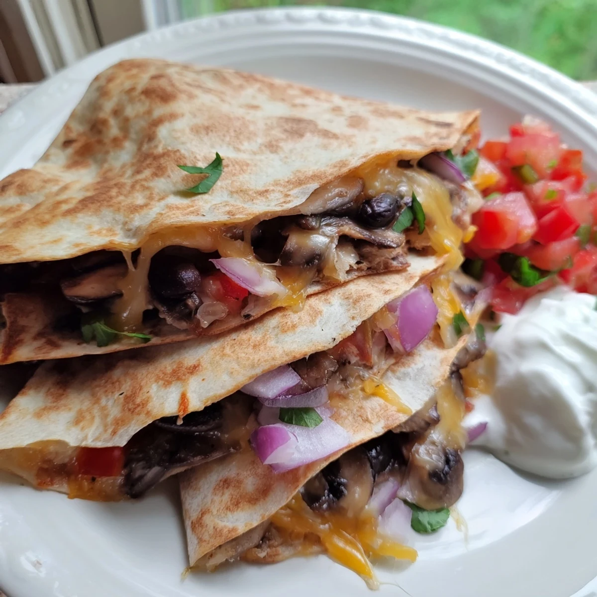 Hot quesadillas bubbling with cheese and optional chicken, garnished with fresh cilantro and ready for dipping in salsa