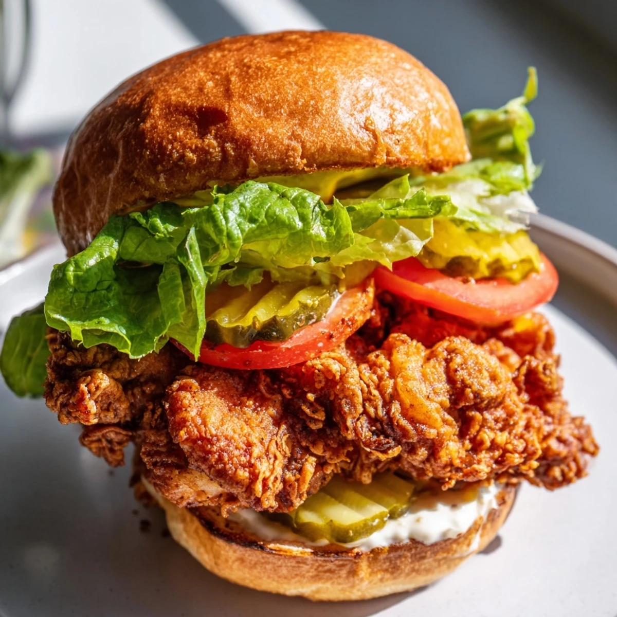 Golden ultra crunchy fried chicken burger layered with crisp lettuce on toasted brioche bun
