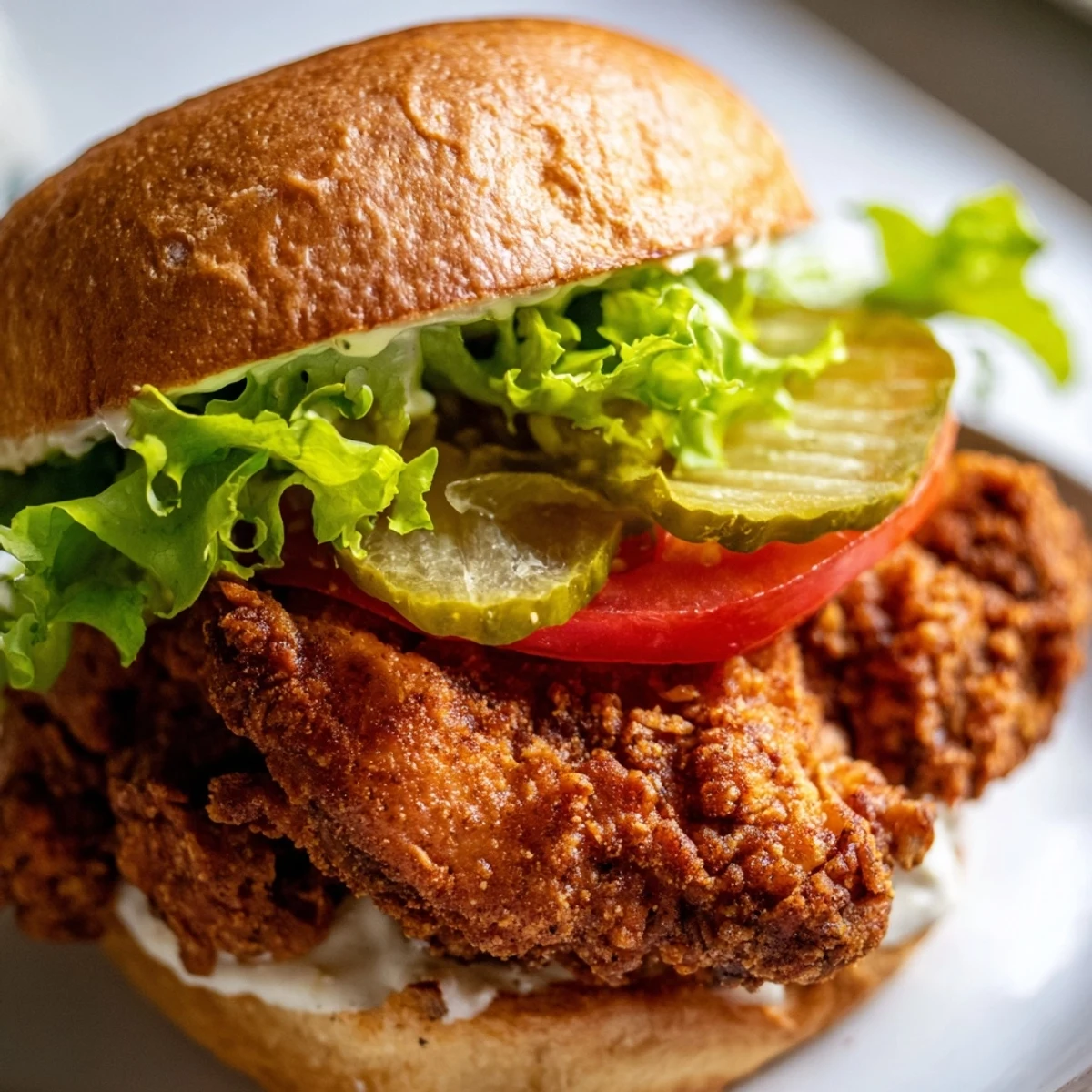Crispy fried chicken burger topped with juicy tomatoes and tangy pickles in soft bun