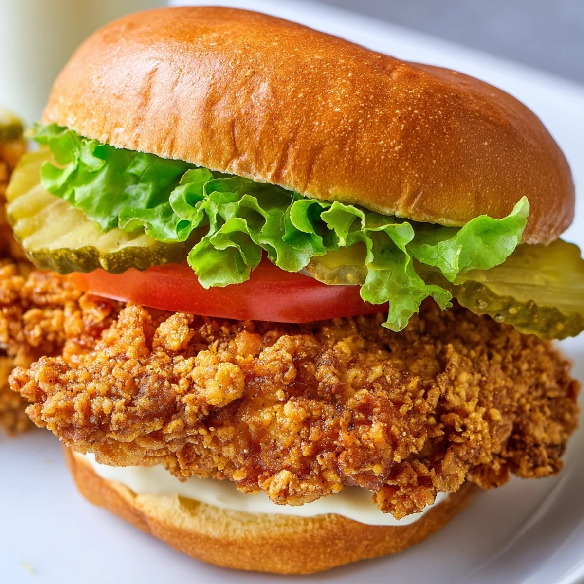Homemade ultra crunchy fried chicken burger with spicy mayo dripping down golden battered cutlet