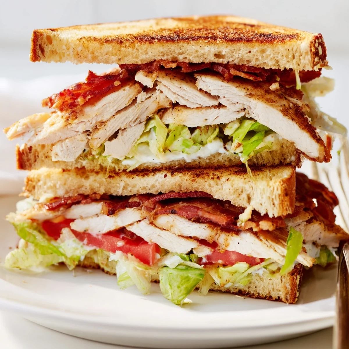 Homemade Chicken Club Sandwich featuring layered chicken breast, crispy bacon slices, and ripe tomatoes on toasted white bread