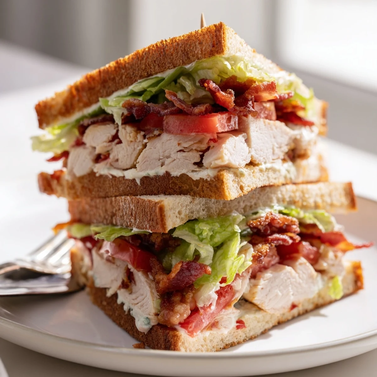 Sliced Chicken Club Sandwich revealing tender chicken, romaine lettuce, and bacon between three layers of mayonnaise-spread toasted bread