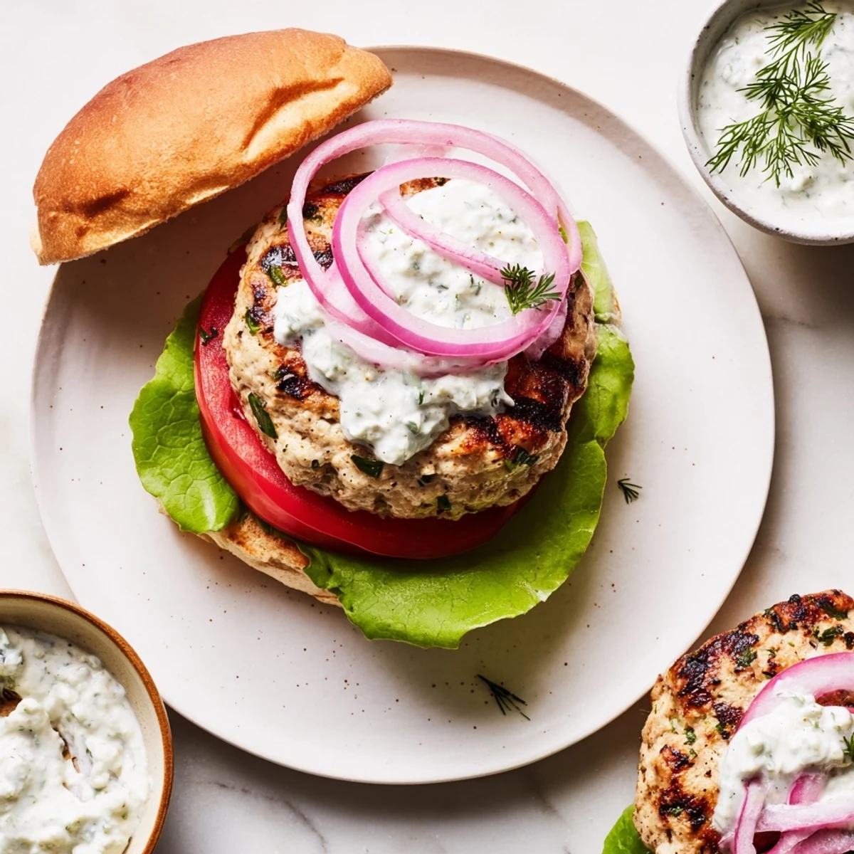 Succulent Mediterranean chicken patties grilled perfectly with homemade tzatziki and crisp lettuce on burger buns
