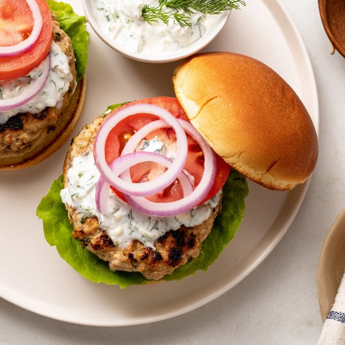 Golden Greek chicken burgers topped with creamy tzatziki sauce and fresh vegetables in a toasted bun