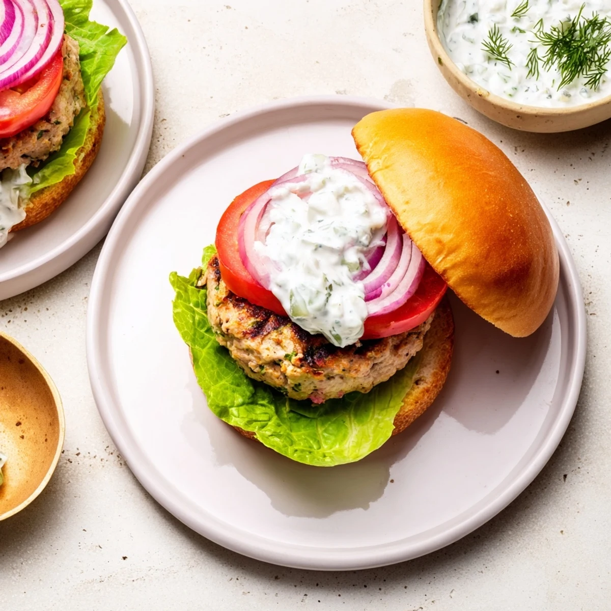Juicy ground chicken burgers seasoned with feta and oregano, smothered in cool cucumber yogurt sauce