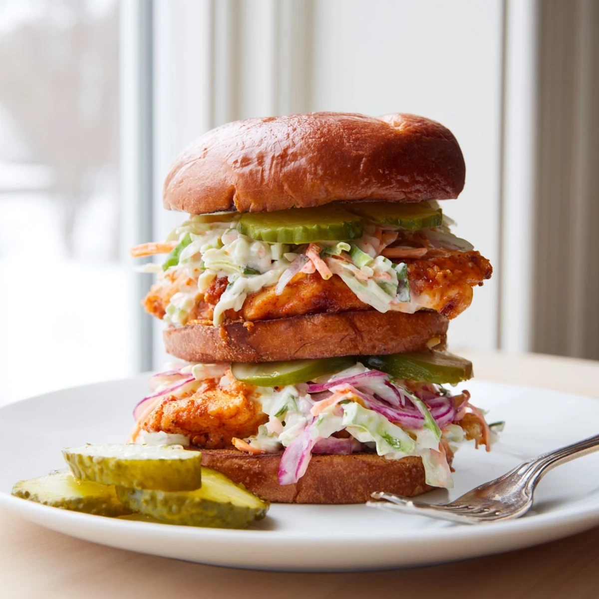 Golden crispy buffalo chicken breast coated in spicy red sauce on toasted brioche bun with crunchy ranch slaw