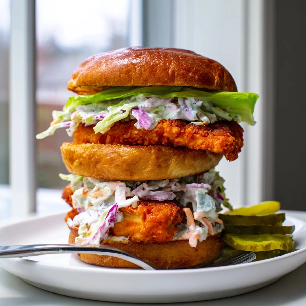 Crispy Buffalo Chicken Sandwich stacked high with cool creamy cabbage slaw on a soft warm brioche bun