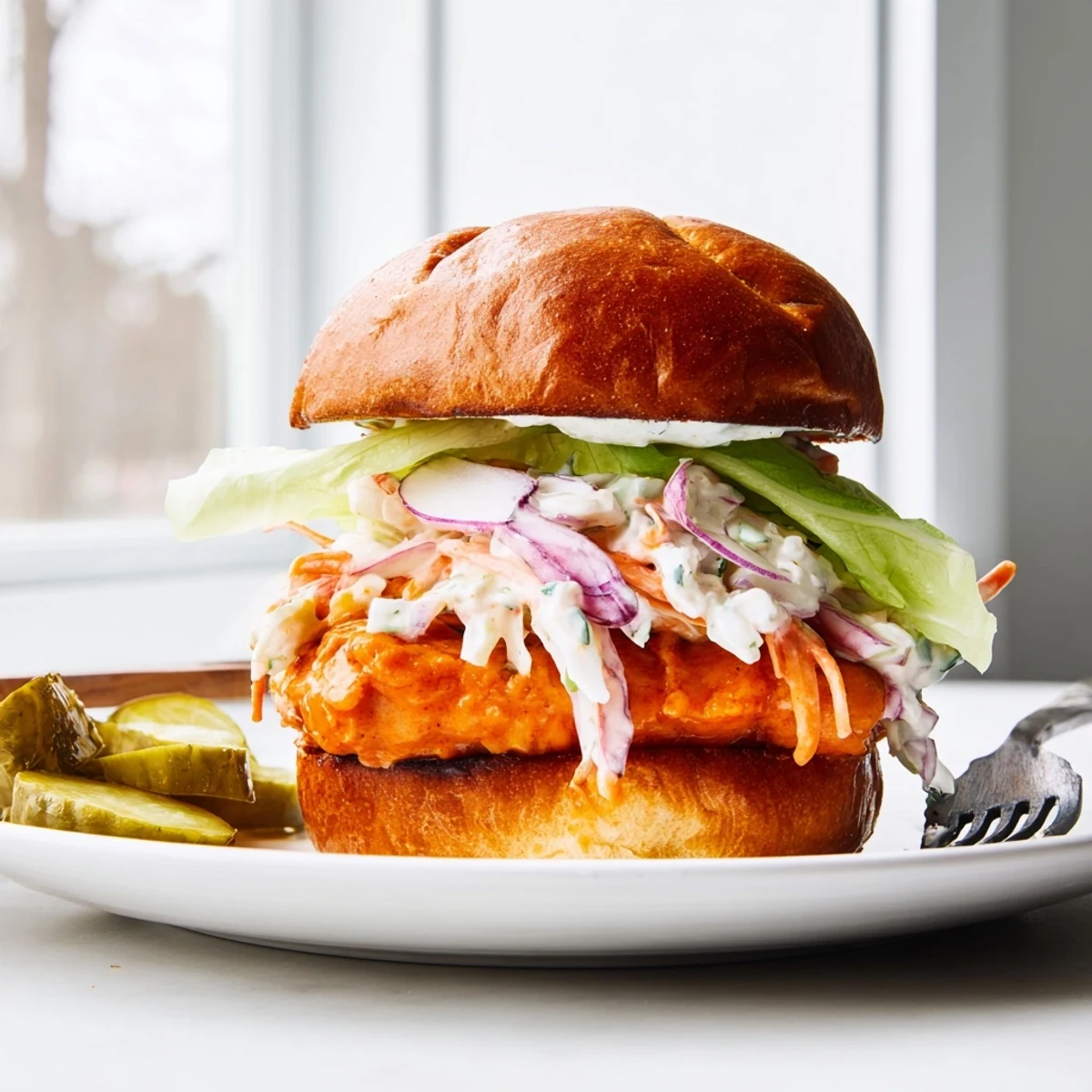 Spicy buffalo fried chicken fillet topped with tangy ranch coleslaw and fresh lettuce on golden toasted bread