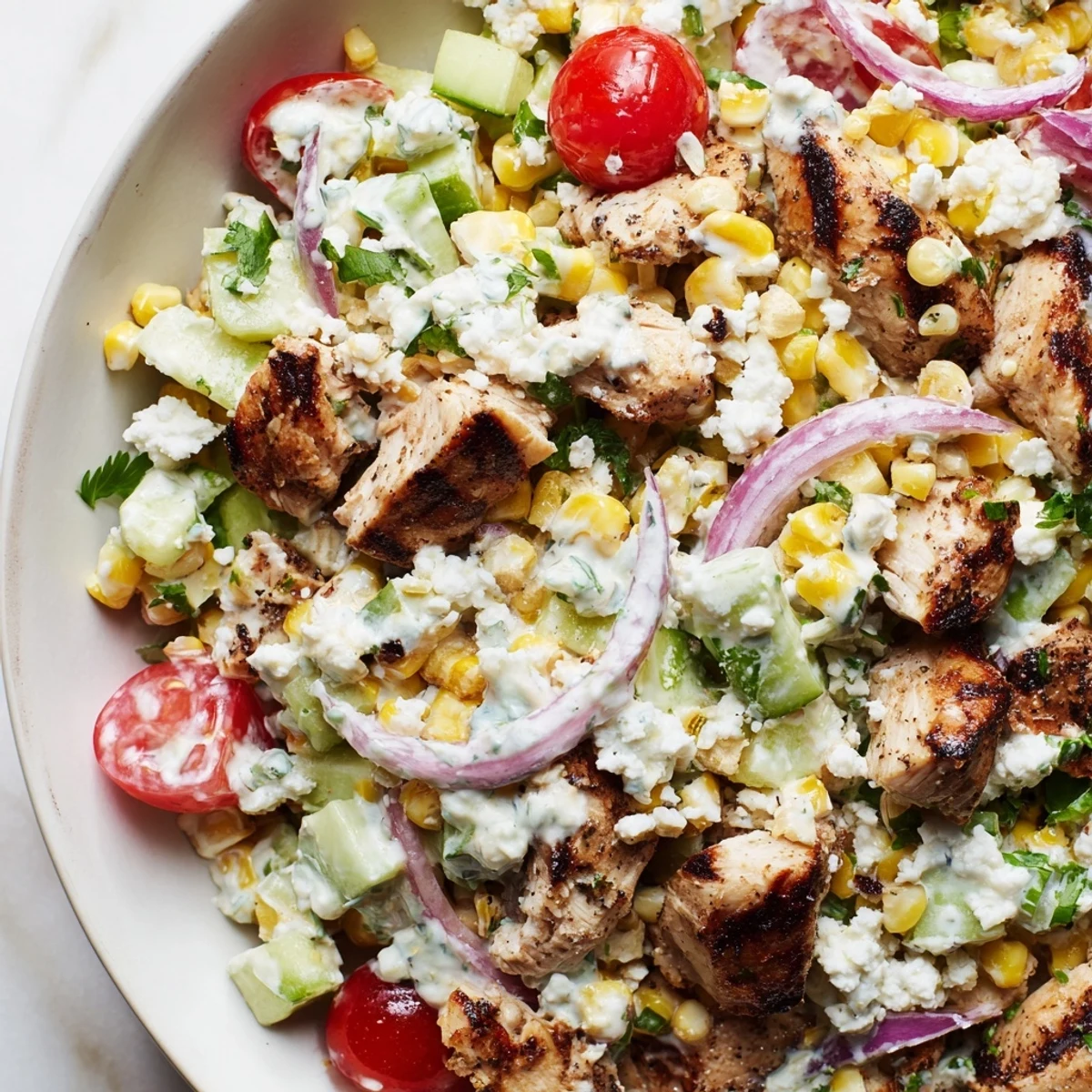 Creamy street corn cucumber chicken salad with grilled chicken, charred corn, fresh vegetables, and tangy lime dressing topped with crumbled cotija cheese