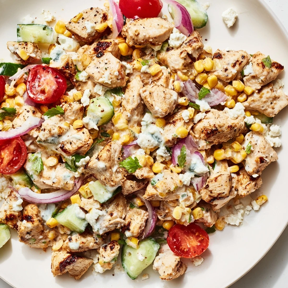 Vibrant bowl of street corn cucumber chicken salad featuring juicy diced chicken, sweet grilled corn kernels, crisp cucumber, and cherry tomatoes in creamy spiced dressing