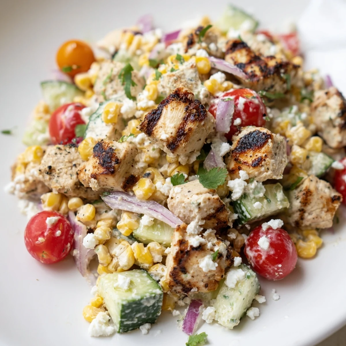Refreshing street corn cucumber chicken salad piled high with tender grilled chicken, charred corn, diced cucumber, red onion, and cilantro in a zesty creamy sauce