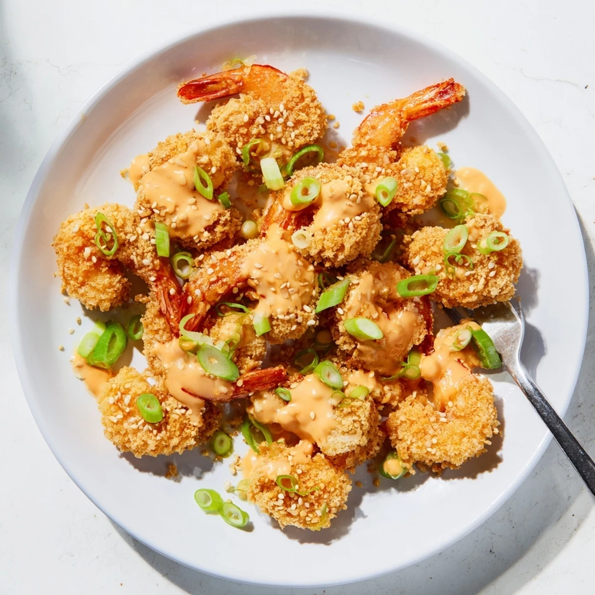 Golden Bang Bang Shrimp coated in creamy spicy sauce with green onion garnish