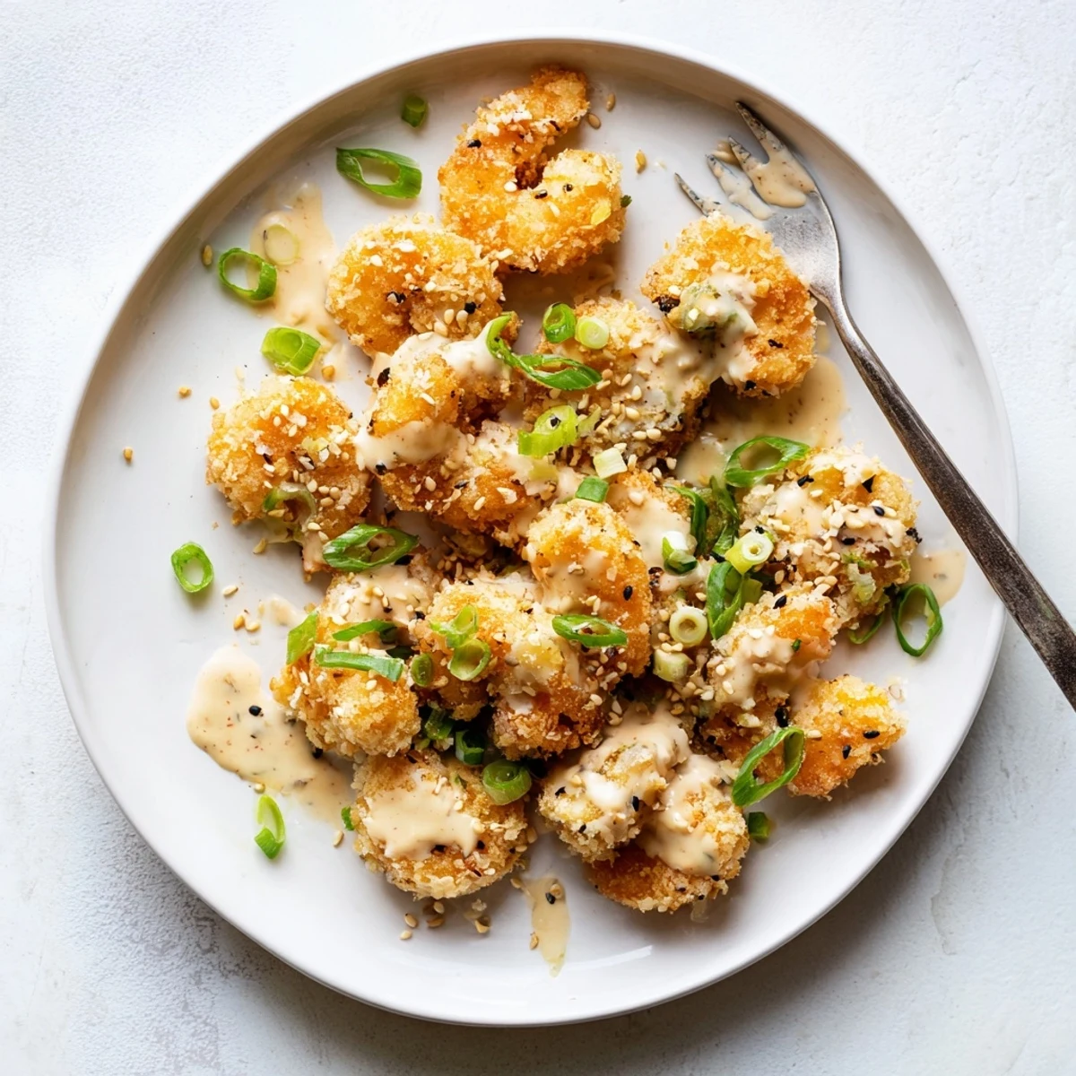 Plate of Bang Bang Shrimp appetizer with panko crust and sesame seed topping
