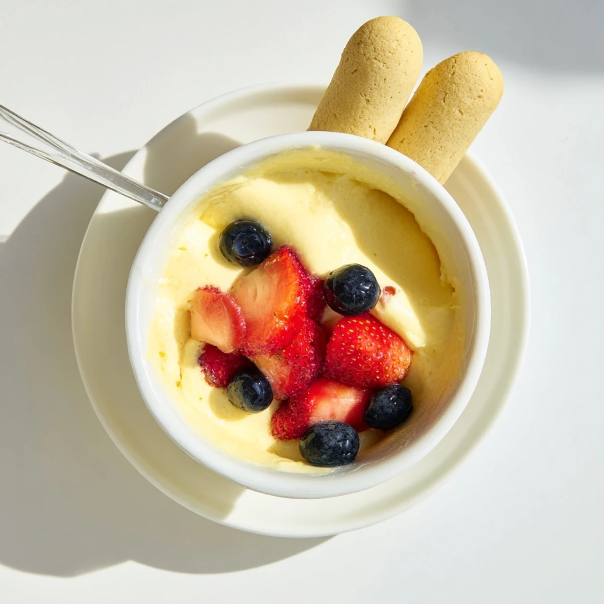 Golden Italian Zabaglione custard served warm in elegant glasses with fresh berries