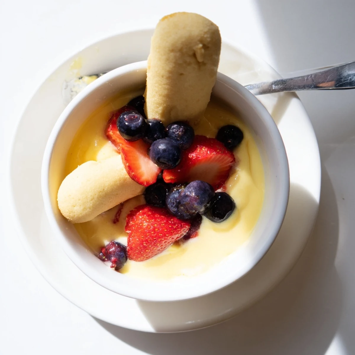 Classic Zabaglione custard bowl garnished with ladyfingers and vibrant red strawberries