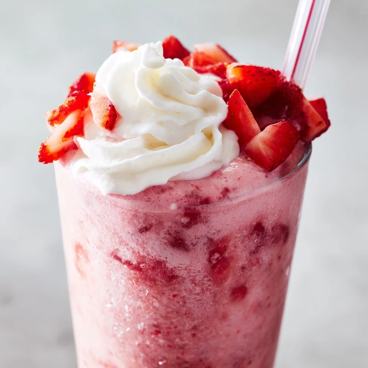 Tall glass of refreshing strawberry cream frappuccino topped with whipped cream and fresh strawberry slices