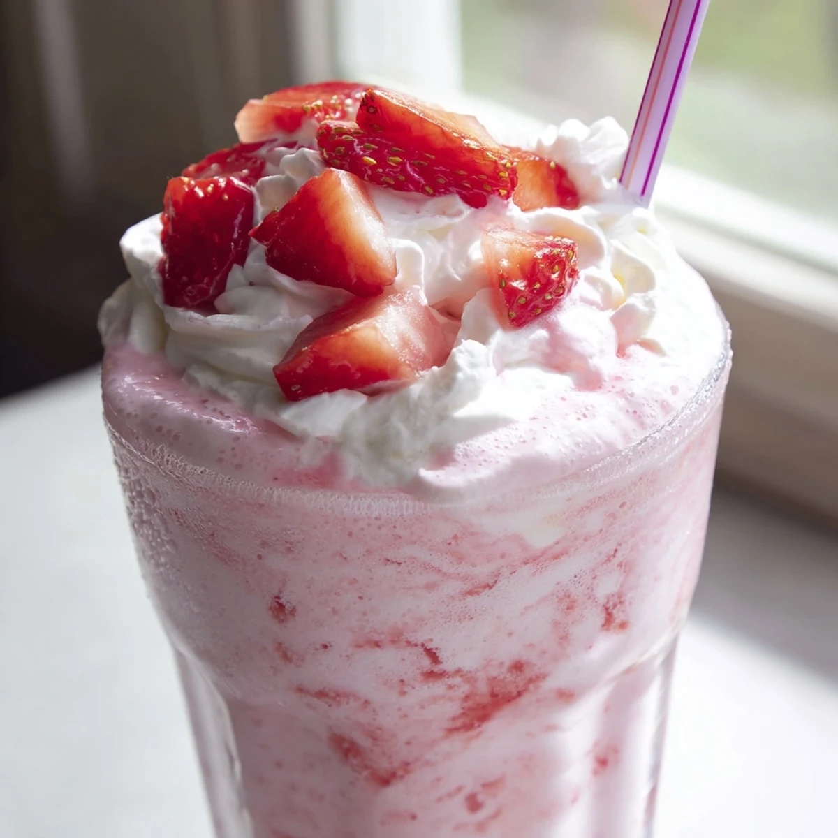 Blended ice-cold strawberry cream frappuccino showcasing pink frothy texture and dairy cream swirls