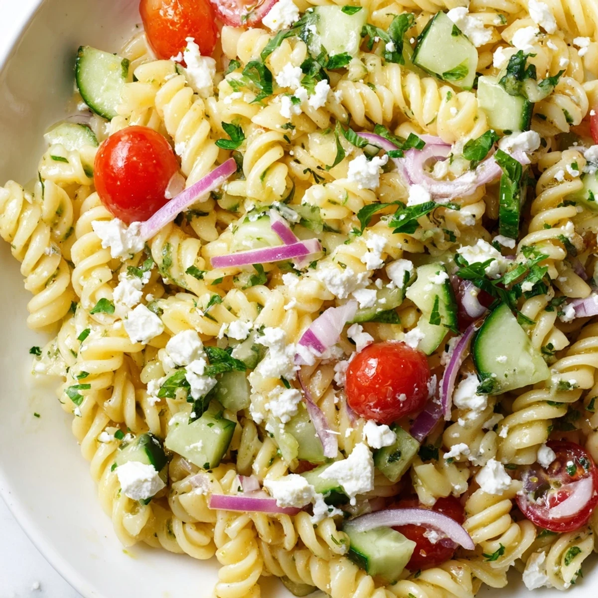 Bright lemon pasta salad with colorful cherry tomatoes and crisp cucumber in a bowl