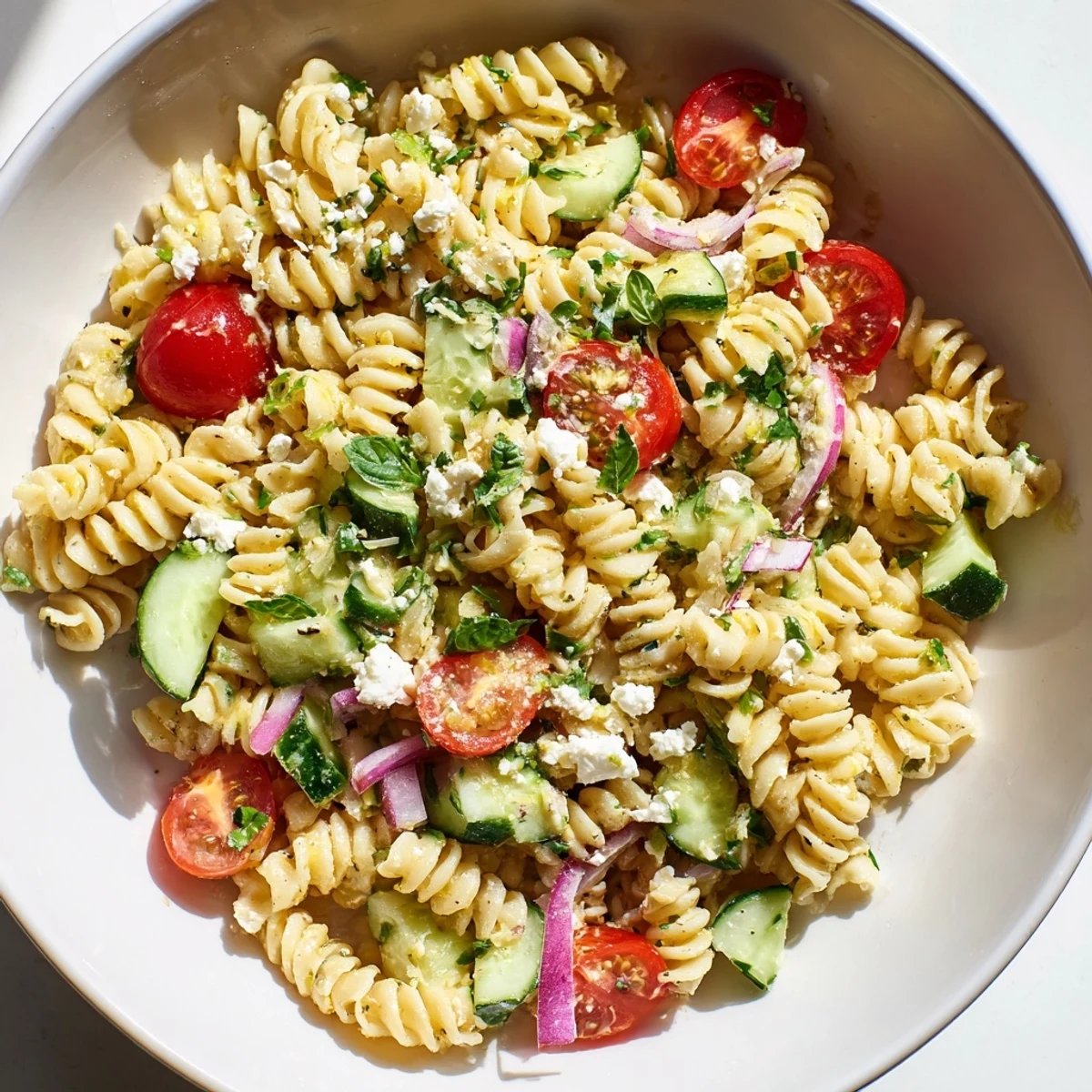 Refreshing lemon pasta salad tossed with fresh herbs and vegetables for summer picnics