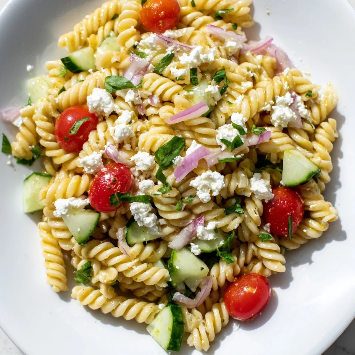 Creamy lemon pasta salad featuring tender pasta noodles, red onion, and zesty citrus dressing